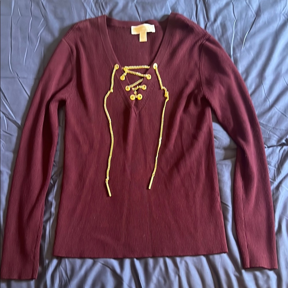 MICHAEL Michael Kors Burgundy Long Sleeve Tie Front Sweater